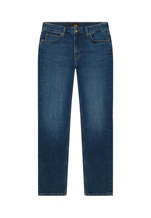 Jean denim bleu foncé à coupe droite, cinq poches, fermeture par bouton, et étiquette de la marque Lee sur la ceinture.
