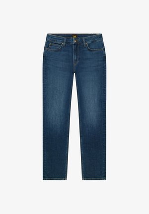 Ciemnoniebieskie jeansy o prostych nogawkach z pięcioma kieszeniami, zapięciem na guzik i metką marki Lee na pasku.