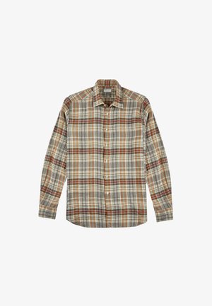 Camisa de cuadros de manga larga en beige, marrón y gris. Presenta un cuello con botones y botones en el frente, con una mezcla de líneas verticales y horizontales.