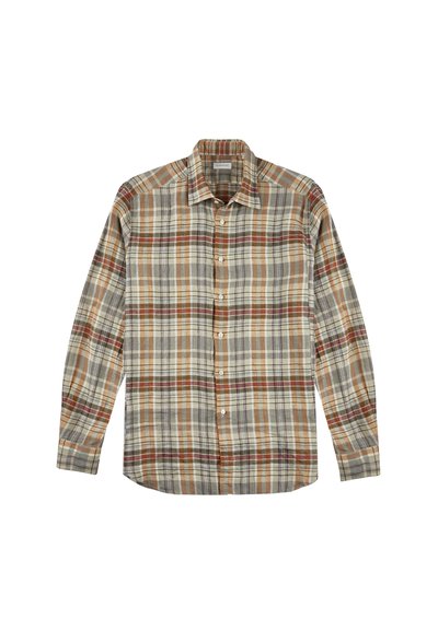 Katoenen overhemden met lange mouwen in beige, bruin en grijs. Het heeft een button-down kraag en knopen aan de voorkant, met een mix van verticale en horizontale strepen.