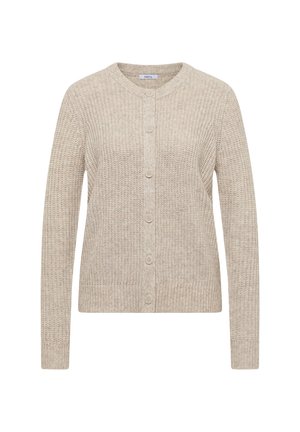 Vaaleanbeige neulecardigan, jossa on pyöreä pääntie, täyspitkä hihnat ja kuusi nappia etupuolella. Koolla on teksturoitu kuviointi.