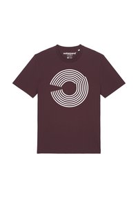 Bordeaux katoenen t-shirt met een centraal witte cirkelvormige graphic van concentrische lijnen, met een gladde textuur en een klassiek ronde halslijn.