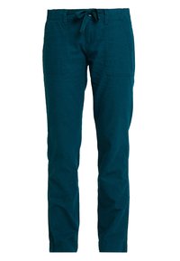 Teal bomullsmixbyxor med dragsko i midjan, med två framfickor och rakt ben. Mjuk textur, lättviktig tyg.