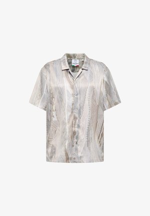 Short-sleeve shirt in light beige with a textured abstract pattern. Features a button closure and a classic collar.