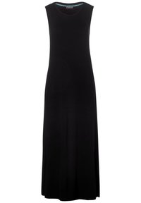 Svart ärmlös maxikjol med rund halsringning. Tillverkad av ett mjukt, lätt tyg. Har en mönstrad accent vid halsen.