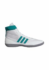 Vysoké sportovní boty vyrobené z bílé síťoviny a syntetického materiálu, s akcenty v barvě teal a třemi pruhy, s texturovanou šedou podešví.
