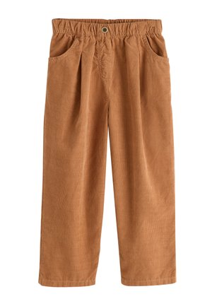 Ruskeat leveälahkeiset corduroyhousut, joissa on joustava vyötärönauha, nappikiinnitys, sivutaskut ja edessä laskokset.