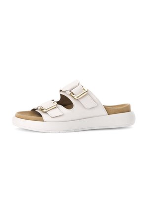Helle beige Riemensandalen mit zwei orginalgoldenen Schnallen, einem weichen Fußbett und einer strukturierten Sohle für besseren Halt, mit einem offenen Zehen Design.