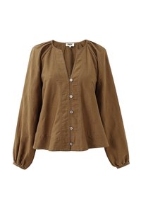 Braune Bluse mit langen Ärmeln und subtilem Paisleymuster, Knopfleiste, runder Ausschnitt und gerafften Manschetten.