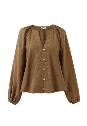 Bruine blouse met lange mouwen, subtiel paisleypatroon, knoopsluiting aan de voorkant, ronde halslijn en geplooide manchetten.