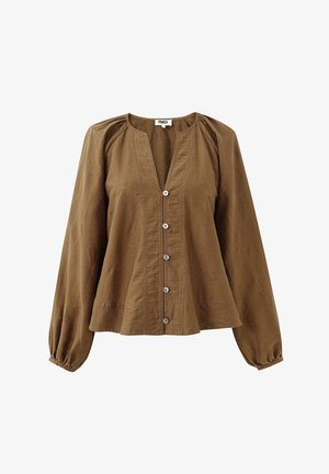 Bruine blouse met lange mouwen, subtiel paisleypatroon, knoopsluiting aan de voorkant, ronde halslijn en geplooide manchetten.