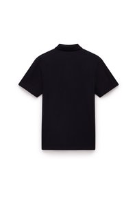 Svart polo-skjorte laget av bomull, med klassisk krage, korte ermer og en jevn tekstur. Ingen synlige mønstre eller detaljer.