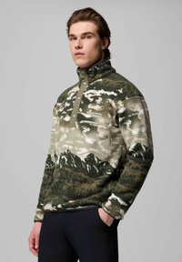 Pullover in pile verde, beige e marrone con motivo montano. Presenta un colletto alto, patta con bottoni a pressione e una tasca sul petto con zip.