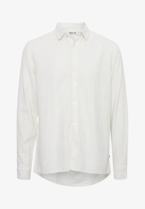 Biela košeľa s dlhými rukávmi a gombíkmi, vyrobená z ľahkej látky. Disponuje klasickým golierom a zakriveným lemom s piatimi prednými gombíkmi.