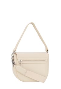 Borsa a tracolla in pelle beige con finitura testurizzata, dotata di tasca frontale con cerniera, tracolla regolabile e dettagli in metallo color argento.