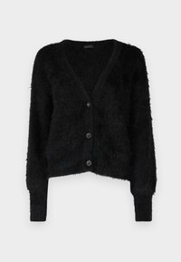 Czarny kardigan wykonany z puszystego materiału, z głębokim dekoltem w kształcie litery V, długimi rękawami i pięcioma b�łyszczącymi guzikami z przodu. Krótka długość.