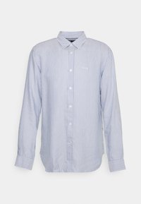 Ljusblå och vit randig långärmad skjorta, knäppning framtill, klassisk krage, har en liten logotyp på bröstet, tillverkad av bomull.