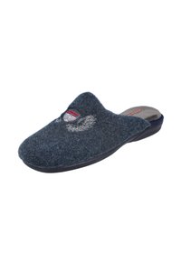 Zapatilla de casa de lana gris, tipo slipper, con punta redondeada, logo de ala bordado y superficie texturizada. La suela es negra y ligera.