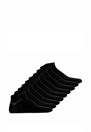 Zehn Paar schwarze, niedrig geschnittene Socken, nebeneinander angeordnet, mit kleinem weißen "bugatti" Logo in der Nähe des Knöchels auf jedem Socken.