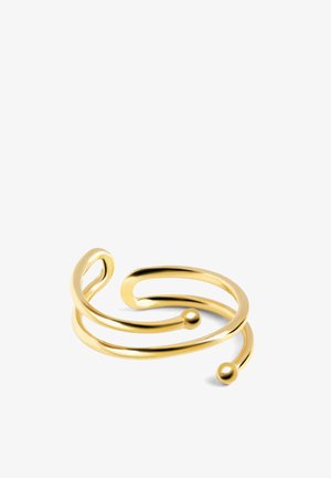 Gouden metalen ring met een gedraaid ontwerp, met aan de uiteinden twee kleine bolvormige accenten. Glad, glanzend oppervlak en open vorm.