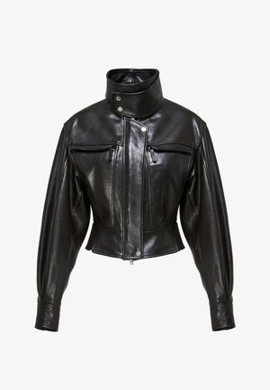 Black cropped leather jacket with high snap collar, zippered chest pockets, long sleeves, and front zipper with snap closures.