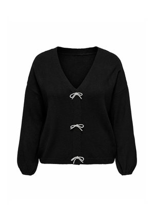 Schwarze Langarm-Cardigan mit V-Ausschnitt und drei weißen Schleifen-Knöpfen entlang der Vorderseite.