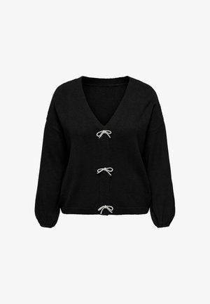 Zwarte lange mouwen cardigan met V-hals en drie witte striksluitingen aan de voorkant.
