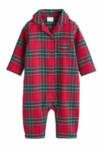 Czerwony kombinezon w kratę z zielonymi i czarnymi akcentami, długimi rękawami, kołnierzykiem, przednimi guzikami i kieszonką na piersi. Miękki materiał flanelowy.