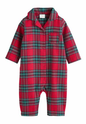 Rot kariertes Overall mit grünen und schwarzen Akzenten, langen Ärmeln, kragenförmigem Ausschnitt, vorderen Knöpfen und einer Brusttasche. Aus weichem Flanellmaterial.