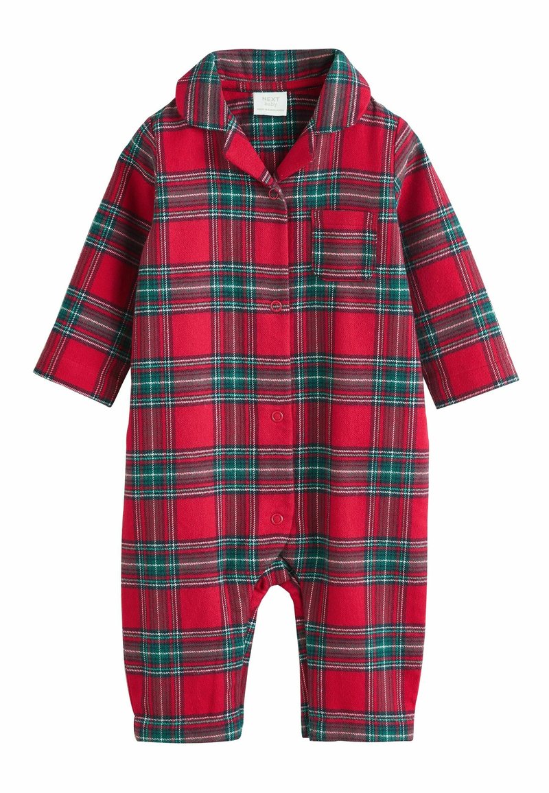 Czerwony kombinezon w kratę z zielonymi i czarnymi akcentami, długimi rękawami, kołnierzykiem, przednimi guzikami i kieszonką na piersi. Miękki materiał flanelowy.