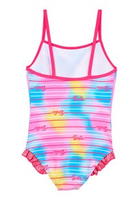 Maillot de bain une pièce rose avec des rayures dégradées multicolores. Il présente un dos en maille, un bord volé et un logo "Barbie" répété en rose.
