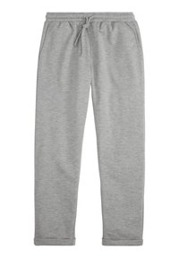 Graue Sweatpants aus weichem Stoff mit elastischem Bund und Kordelzug, seitlichen Taschen und Bündchen an den Knöcheln.