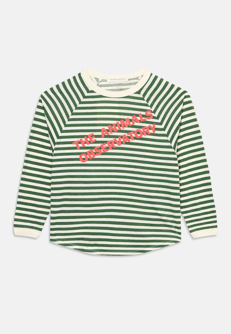 Πράσινο και λευκό ριγέ μακρυμάνικο πουκάμισο με εκρού γιακά και μανσέτες, με κόκκινο διαγώνιο κείμενο "THE ANIMALS OBSERVATORY" στο μπροστινό μέρος.
