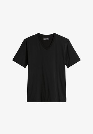 Maglietta nera con scollo a V realizzata in tessuto morbido. Maniche corte, vestibilità rilassata e design semplice senza motivi o decorazioni.