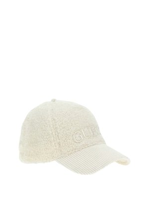 Cream-colored textured baseball cap with ribbed brim and "GUESS" embroidered on the front.