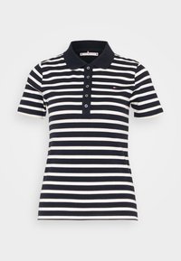 Marine en witte gestreepte polo shirt, korte mouwen, met kraagontwerp, vijfknopenlijst, met een klein logo op de borst.