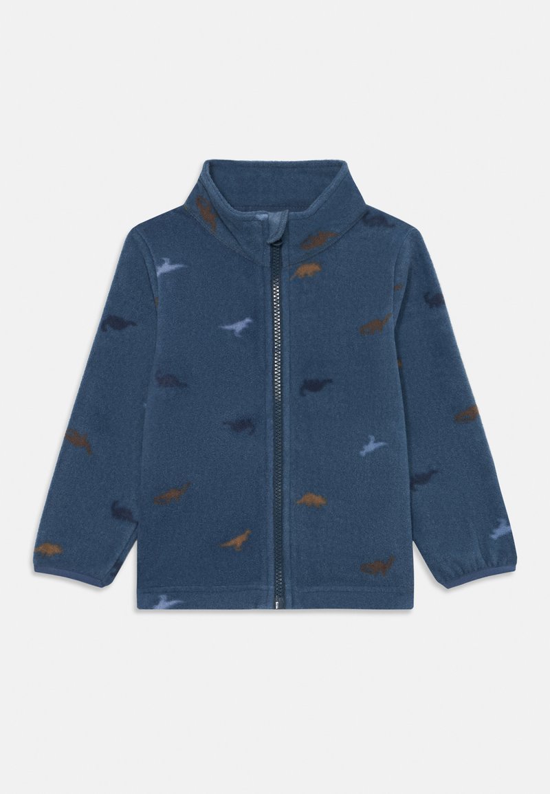 Giacca in fleece blu con zip frontale. Presenta motivi di dinosauri colorati in tonalità di marrone, grigio e blu. Collo alto, maniche lunghe.