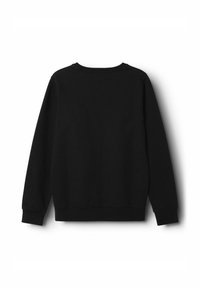 Schwarzer Pullover mit Rundhalsausschnitt, langen Ärmeln und gerippten Manschetten. Aus weicher Baumwolle gefertigt, mit glatter Textur und einem schlichten Design.