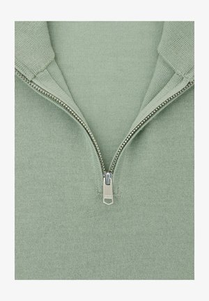 Hellgrüner Reißverschluss-Pullover aus strukturiertem Strickmaterial, mit kurzem Kragen und einem Metallreißverschluss mit rechteckigem Griff.