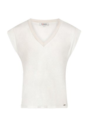White short-sleeve V-neck t-shirt with a soft texture and beige trim along the neckline. Small logo tag near the hem.