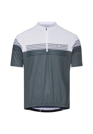 Maillot de cyclisme à manches courtes blanc et gris avec des rayures noires horizontales et une fermeture éclair à l'avant.