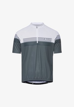 Maillot de cyclisme à manches courtes blanc et gris avec des rayures noires horizontales et une fermeture éclair à l'avant.