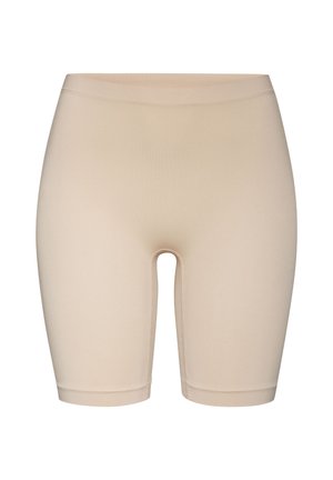 Beige knie-lange Shorts aus glattem, dehnbarem Material. Mit einem nahtlosen Bund und Saum für einen sauberen, unauffälligen Look.