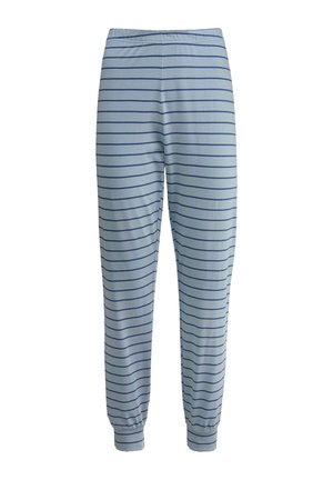 Light blue lounge pants with dark blue horizontal stripes, elastic waistband, and tapered cuffs at the ankles. Soft, breathable fabric.