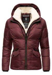 Burgundy padded jacket with a zip front, faux fur lining, hood, and two zippered pockets. Features black zipper hardware and branding tag inside.