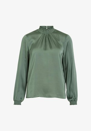 Soft green satin blouse with long sleeves, gathered high neck, and elastic cuffs, displayed on a white background.