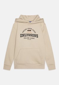Beżowa bluza z kapturem, z przednią kieszenią, regulowanym kapturem i prążkowanymi mankietami. Posiada logo w ciemnym brązie, w stylu vintage.