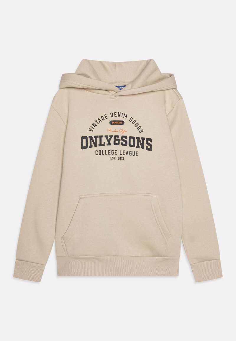 Beżowa bluza z kapturem, z przednią kieszenią, regulowanym kapturem i prążkowanymi mankietami. Posiada logo w ciemnym brązie, w stylu vintage.