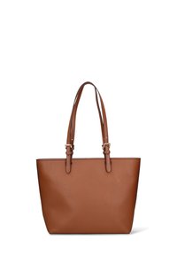 Sac cabas en cuir marron avec une surface texturée, deux sangles plates et des ferrures dorées. Forme structurée avec un design à ouverture supérieure.