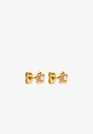 Goldfarbene Ohrstecker in Blumenform mit zentralem Perlendetail. Glatte Metalloberfläche und erhabene Textur auf den Blütenblättern.